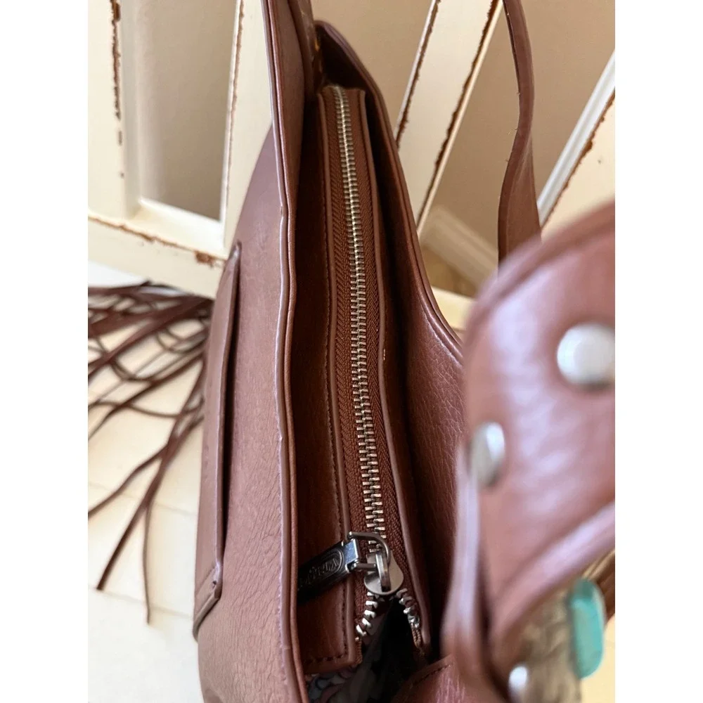 Wrangler Montana West Brown Fringe Hobo Bag Turquoise Concho S-WG61-918 NEW